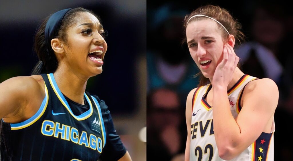 Angel Reese looking on (left). Caitlin Clark reacts during game (right).