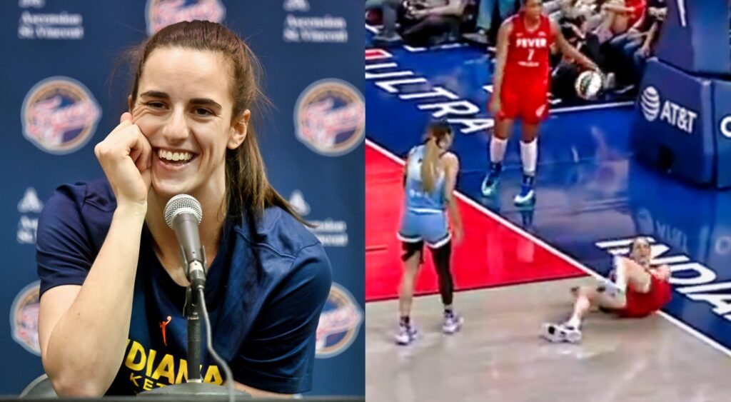 Caitlin Clark speaking to reporters (left). Chennedy Carter and Clark reacting during game (right).