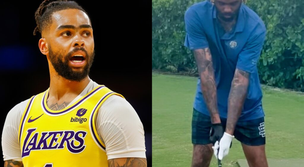 D'Angelo Russell looks on during a game and gets ready to swing a golf club at the course.