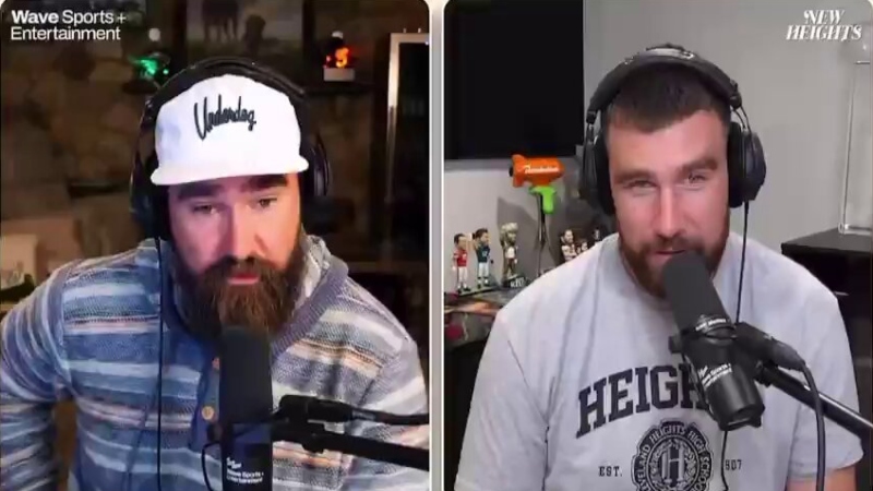 Jason Kelce and Travis Kelce speaking on their "New Heights" podcast.