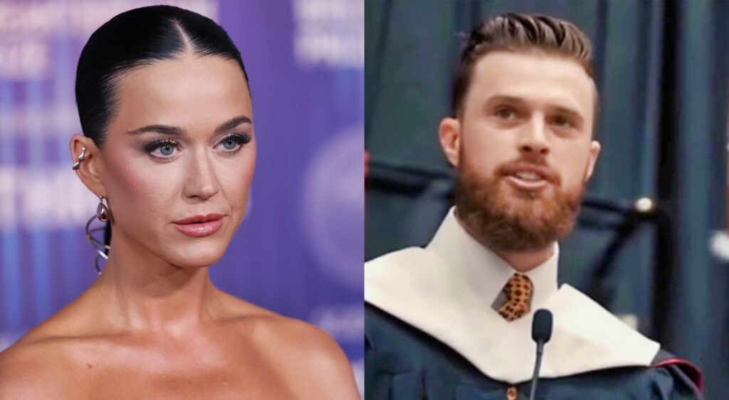 Katy Perry looking on (left). Harrison Butker speaking at BenedictineCollege (right).