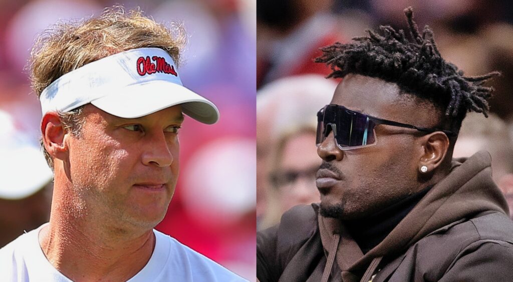 Lane Kiffin of Ole Miss looking on (left). Antonio Brown taking photo (right).