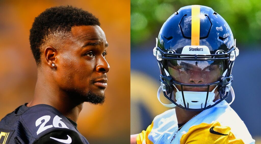 Le'Veon Bell looking on (left). Justin Fields throwing in Pittsburgh Steelers practice (right).