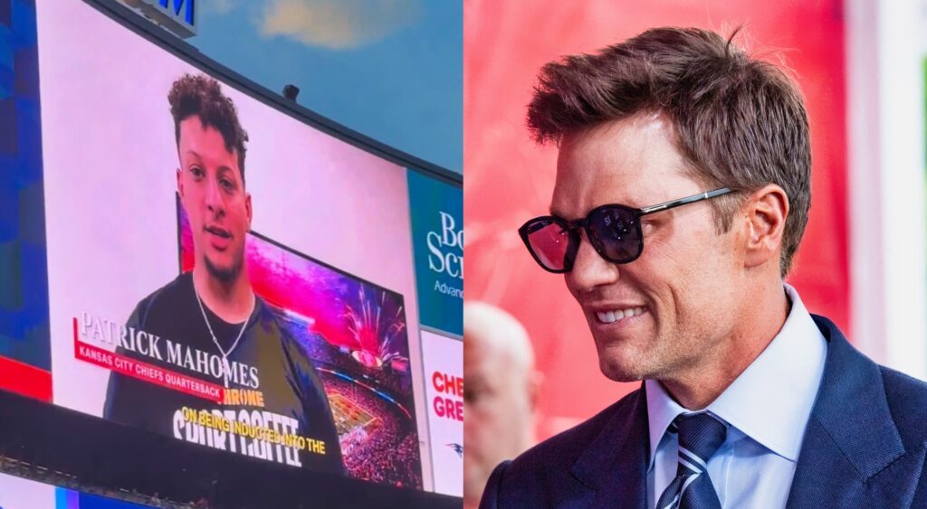 Patrick Mahomes on videoboard (left). Tom Brady looking on (right).