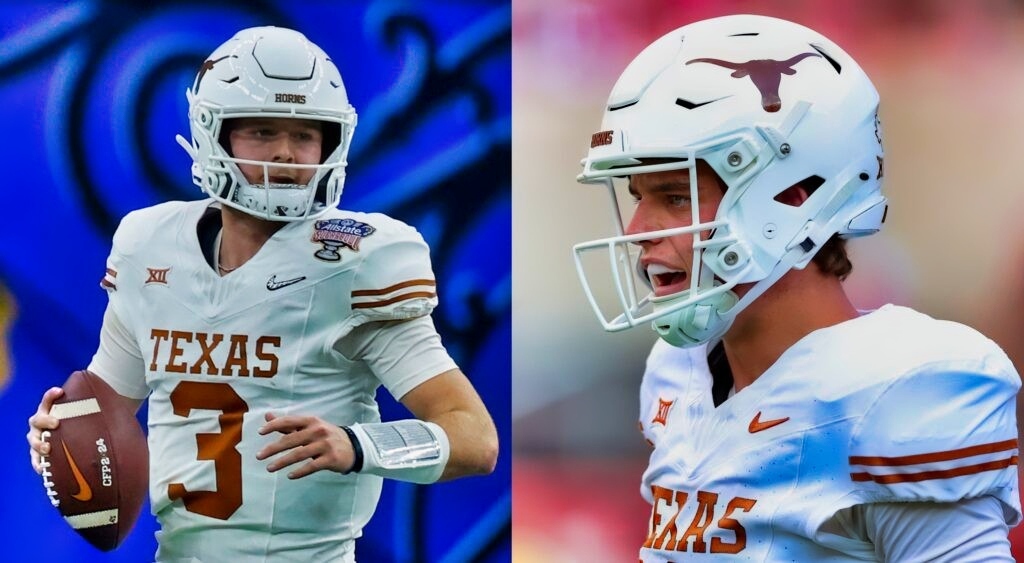 Quinn Ewers looking to pass (left). Arch Manning reacts during game (right).