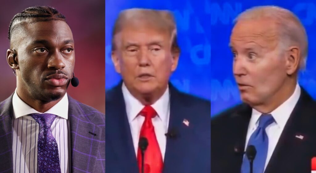 Robert Griffin III looking on (left). Donald Trump (middle) and Joe Biden (right) react.