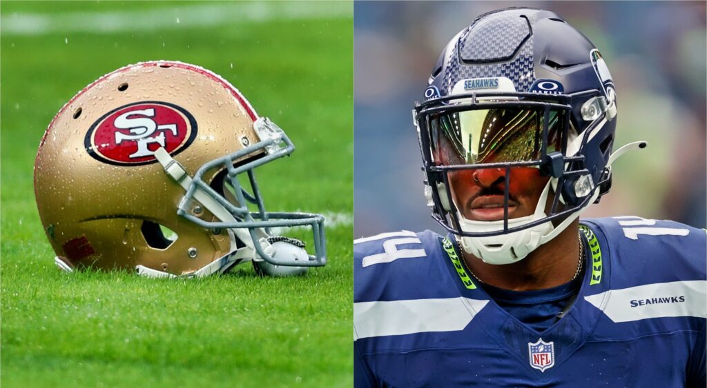 San Francisco 49ers helmet (left). DK Metcalf looking on (right).