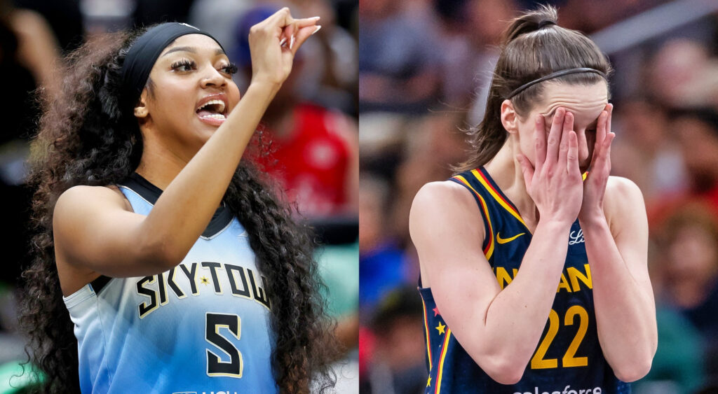 Angel Reese gesturing (left) and Caitlin Clark coveing her face (right)