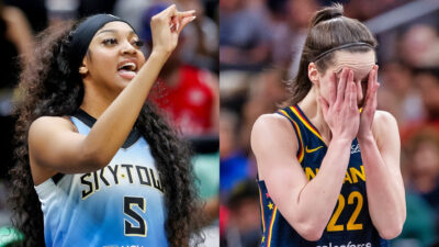 Angel Reese gesturing (left) and Caitlin Clark coveing her face (right)