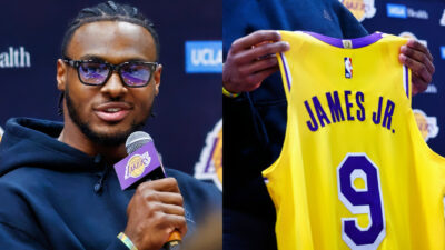 Bronny James holding mic (left), Bronny James holding Lakers No. 9 jersey