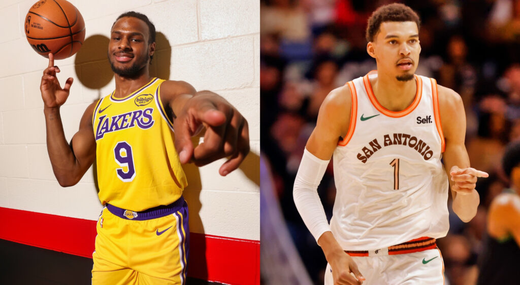 Bronny James spinning basketball (left), Victor Wembanyama pointing