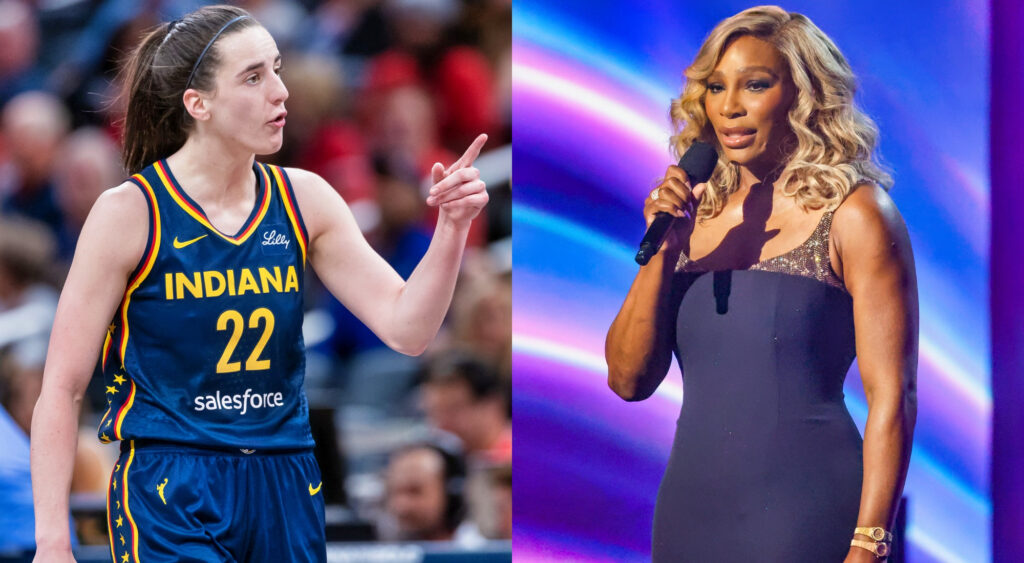 Photo of Caitlin Clark pointing and photo of Serena Williams holding a mic