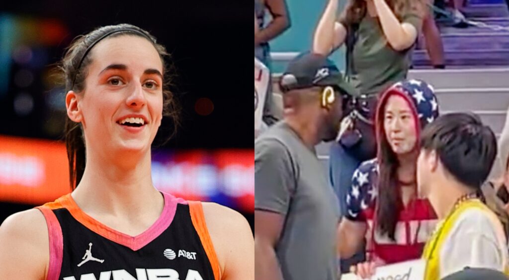 Caitlin Clark looks on during the WNBA all star game. Fans in the stands before Japan vs. USA basketball at the Olympics.