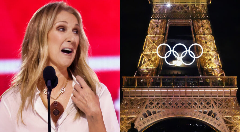 Photo of Celine Deion speaking and photo of Olympic Games rings on Eiffel Tower