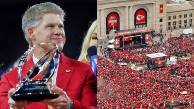 Photo of Clark Hunt in red suit and photo of Kansas City Chiefs parade