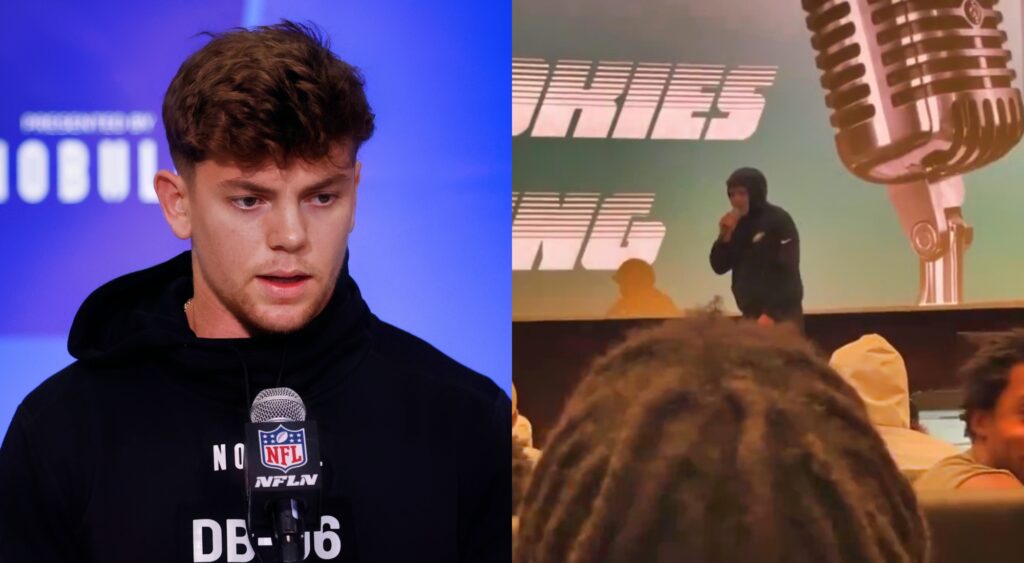 Cooper DeJean at his combine press conference and DeJean rapping in front of Eagles teammates during rookie talent show.