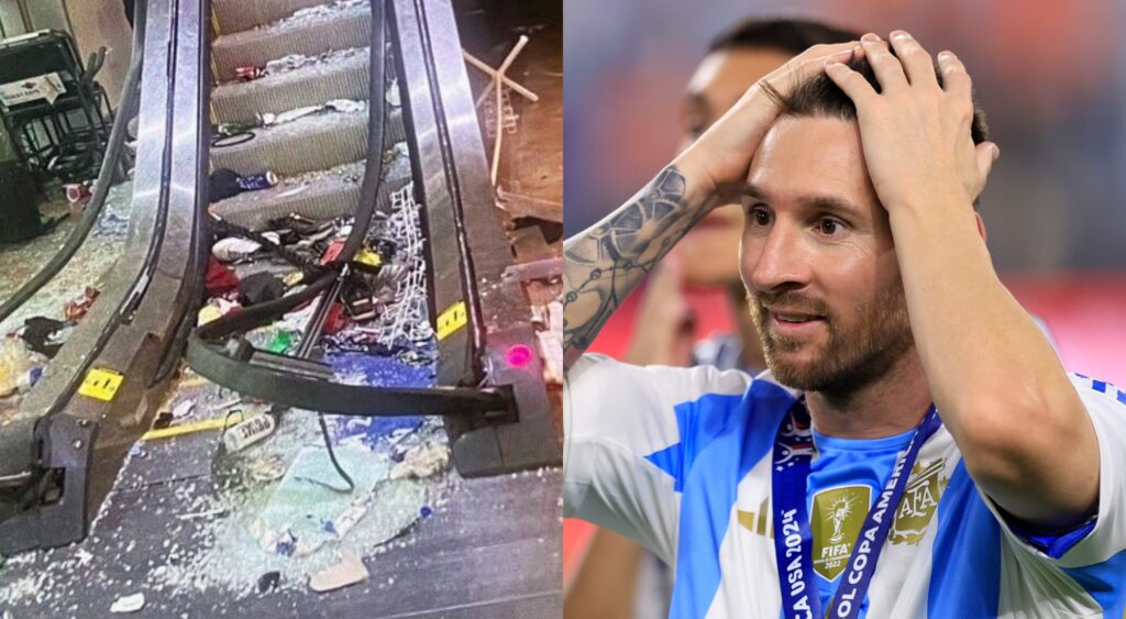 Damages escalator at Hard Rock Stadium and Lionel Messi looking on with his hands on his head.