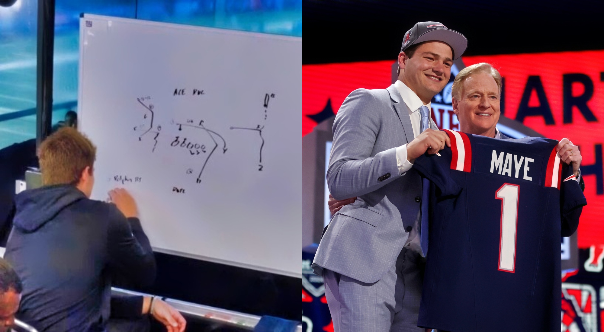 Drake Maye drawing on the whiteboard and Drake Maye with Roger Goodell on the NFL Draft stage.