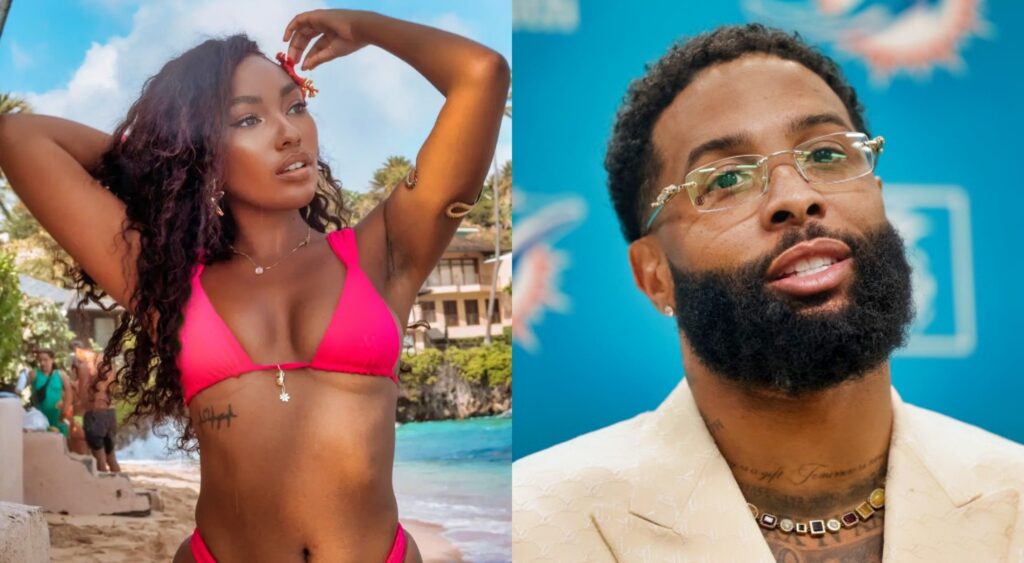 Daia McGhee posing in bikini and Odell Beckham Jr. at press conference