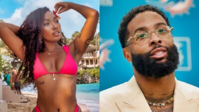 Daia McGhee posing in bikini and Odell Beckham Jr. at press conference