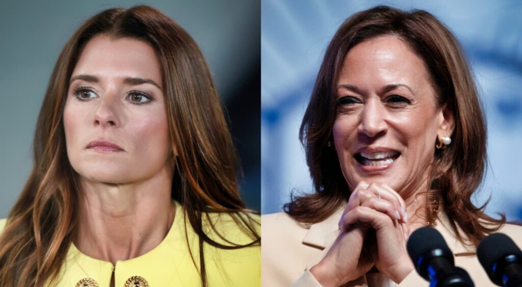 Danica Patrick in yelow outfit and Kamala Harris smiling at conference