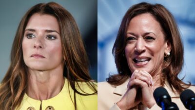 Danica Patrick in yelow outfit and Kamala Harris smiling at conference