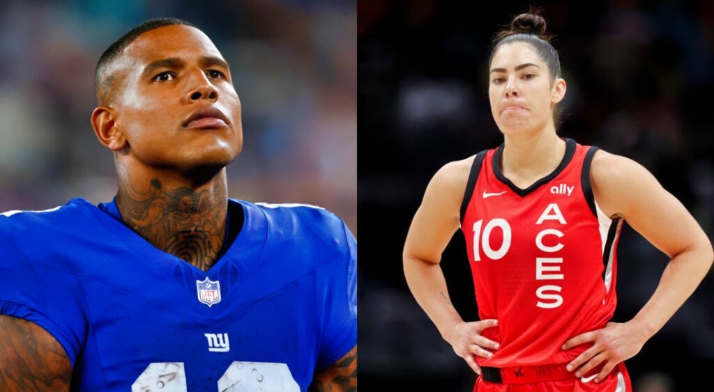 Darren Waller in Giants uniform and Kelsey Plum in Aces uniform