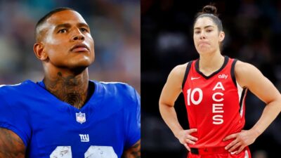 Darren Waller in Giants uniform and Kelsey Plum in Aces uniform