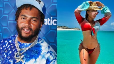 DeSean Jackson at event and Yahaira Sandoval posing in bikini