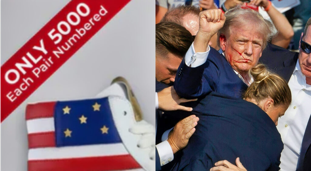 Photo of Donald Trump sneaker and photo of Donald Trump after assassination attempt