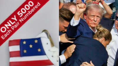 Photo of Donald Trump sneaker and photo of Donald Trump after assassination attempt