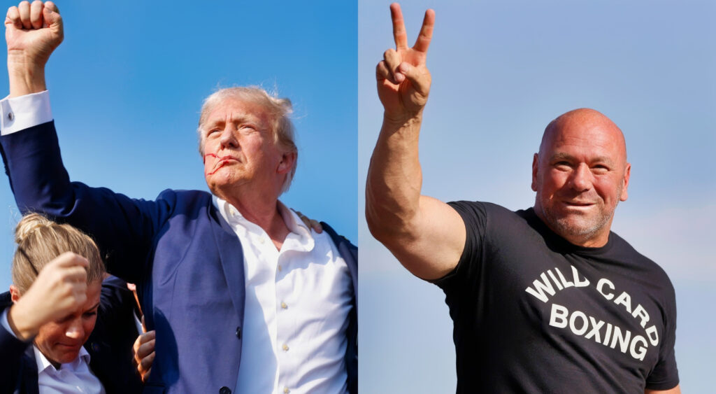 Photos of Donald Trump and Dana White holding a hand in the air