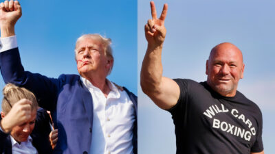Photos of Donald Trump and Dana White waving hands in the air