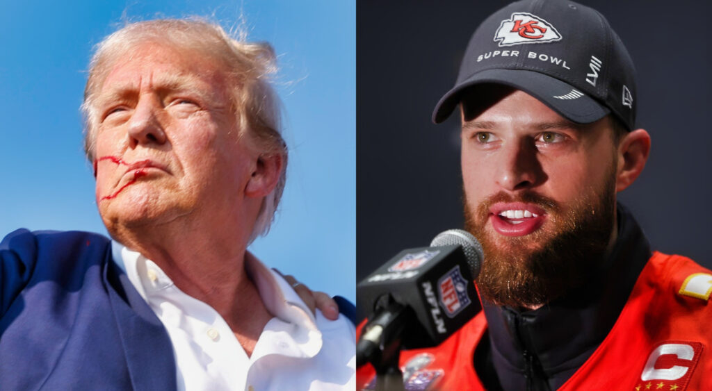 Photo of Donald Trump with blood on his face and photo of Harrison Butker speakign into mic