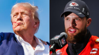 Photo of Donald Trump with blood on his face and photo of Harrison Butker speakign into mic