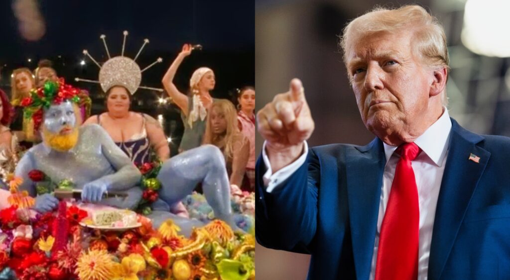 The Paris Olympics opening ceremony and Donald Trump pointing.