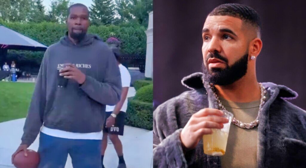 Kevin Durant playing basketball at Drake's house, and Drake holding a drink.