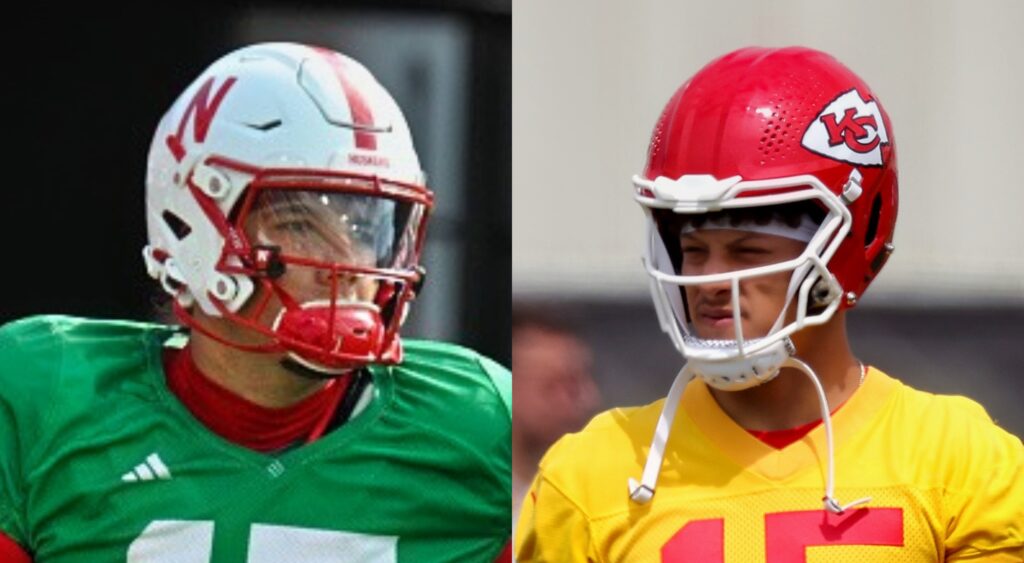 Dylan Raiola and Patrick Mahomes look on with their helmets on.