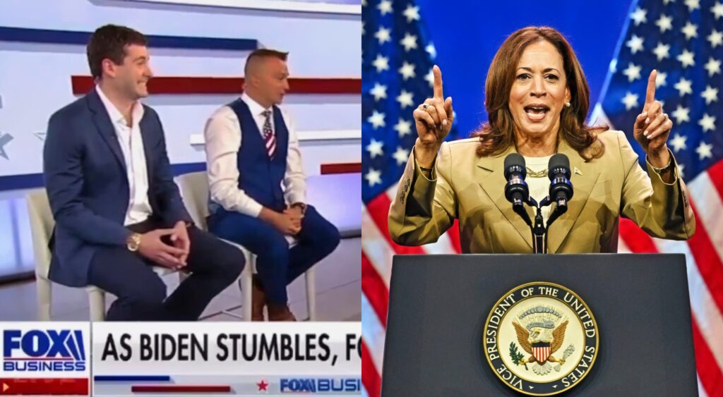 Fox Business hosts during a show and Kamala Harris speaking from behind a podium.