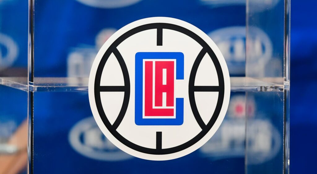 Los Angeles Clippers logo on the podium at a press conference.