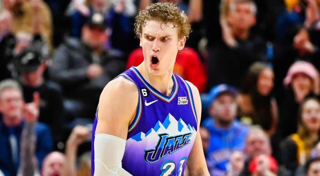 Lauri Markkanen screams during a game.