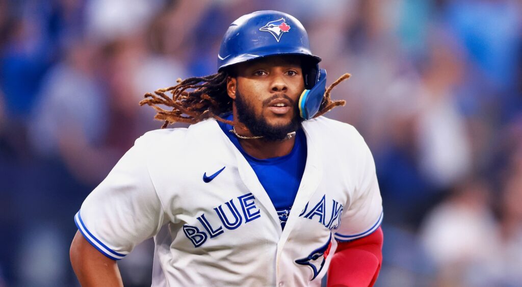 Vladimir Guerrero Jr. of Toronto Blue Jays reacts during game.