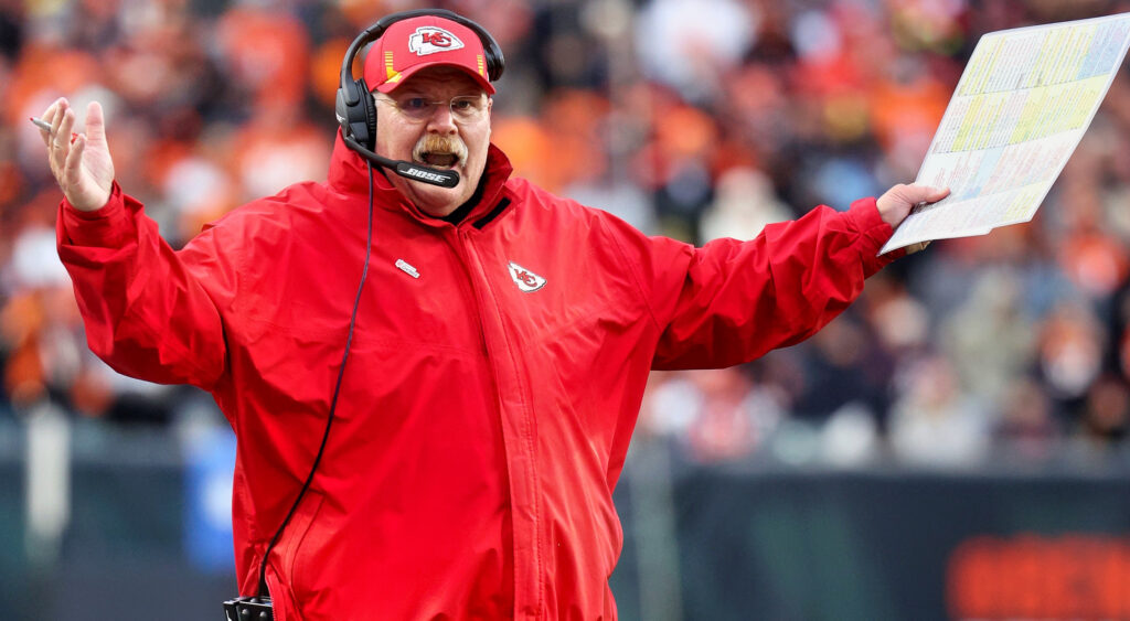 Kansas City Chiefs head coach Andy Reid throwing his hands in the air