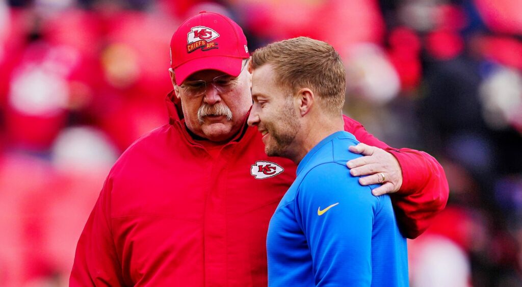 NFL coaches Andy Reid and Sean McVay speaking before a game.