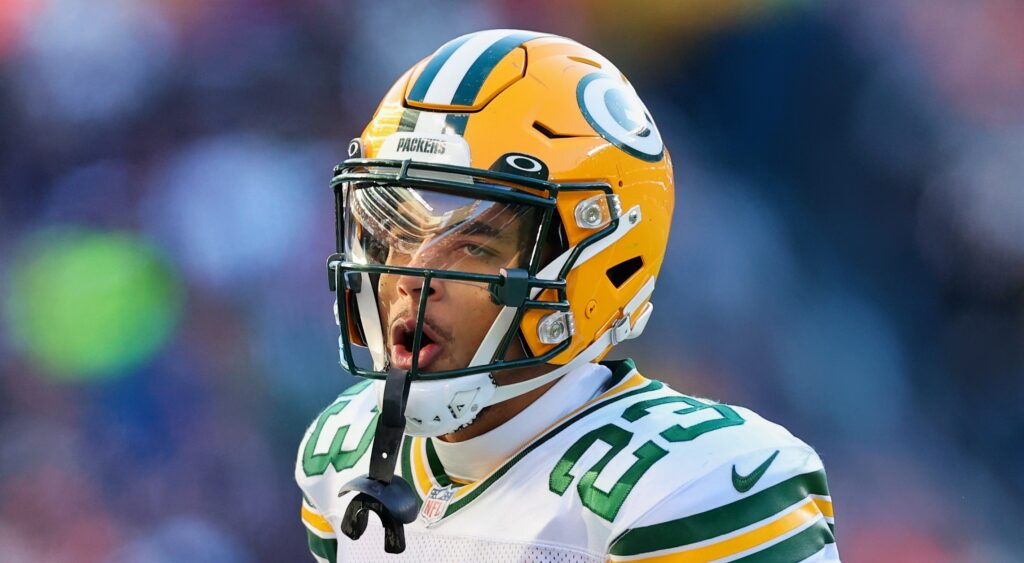 Jaire Alexander of Green Bay Packers reacts during game.