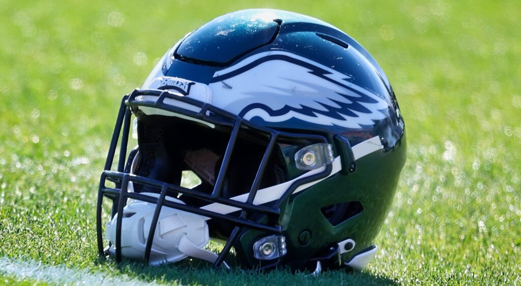 Philadelphia Eagles helmet shown on field.