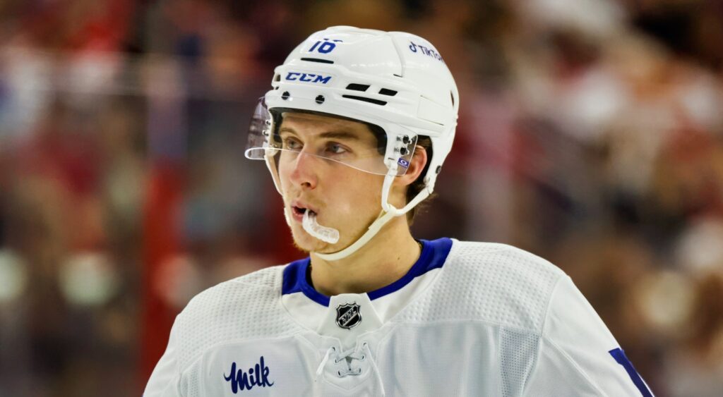 Mitch Marner of Toronto Maple Leafs looking on.