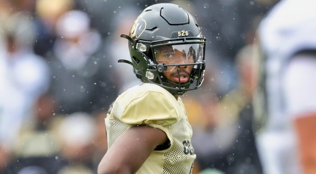 Shedeur Sanders looks on during Colorado's spring game.