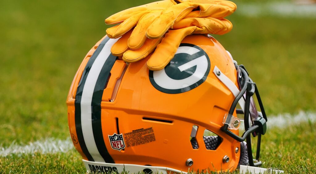 Green Bay Packers helmet on the field. Former WR Randall Cobb announced his retirement.