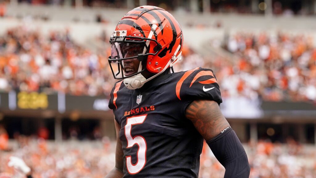 Tee Higgins of Cincinnati Bengals reacts during game.